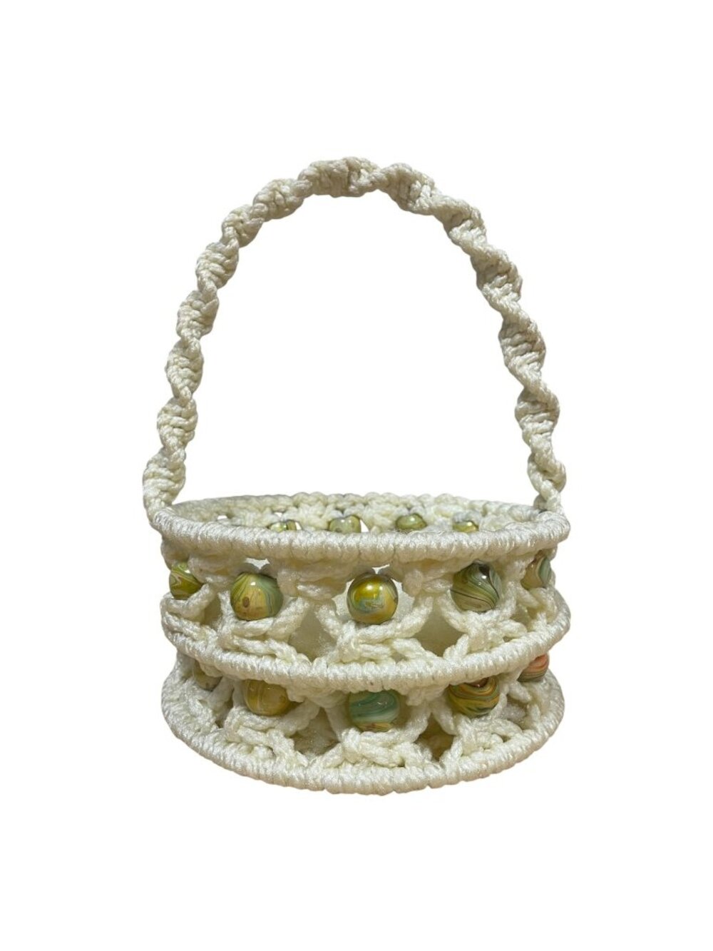 Vintage Macrame Basket with Psychedelic Swirl Large Wood Beads 8" x 11"
